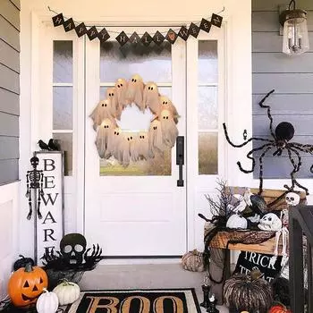 Halloween Ghost Wreath, 12 Led Light-Up White Ghost Garland, Spooky Indoor & Outdoor Hanging Decoration For Front Door, Wall