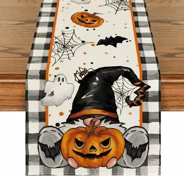 Halloween Gnome Bat Pumpkin Ghost Buffalo Plaid Linen Table Runners Seasonal Kitchen Dining Table Decor Halloween Decorations 150x33cm 59x13inch
