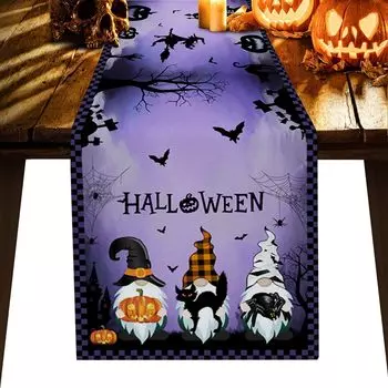 Halloween Gnome Pumpkin Linen Table Runners Black Cat Castle in Purple Spooky Nights Holiday Party Kitchen Dining Table Decor 150x33cm 59x13inch