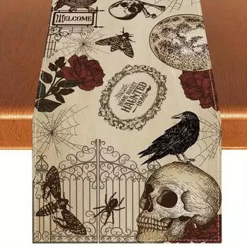 Halloween Gothic Skull Rose Linen Table Runners Mexico Day of The Dead Festivals Party Decor Reusable Kitchen Dining Table Decor 150x33cm 59x13inch