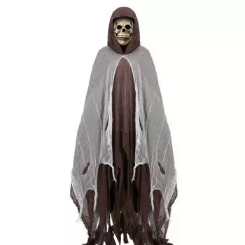 Halloween Grim Reaper Costume Black Hooded Cloak with Skull Masque Vintage Medieval Cape for Adult Cosplay Props