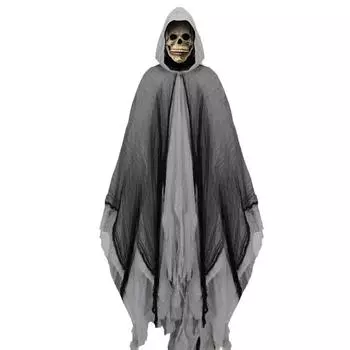 Halloween Grim Reaper Costume Black Hooded Cloak with Skull Masque Vintage Medieval Cape for Adult Cosplay Props