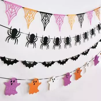 Halloween Hanging Garland Cartoon Ghost Bat Spider Bunting Paper Banner Halloween Party Home Fireplace Decoration Supplies Kids