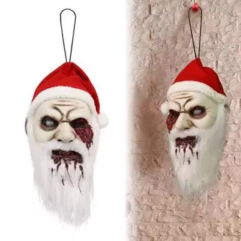 Halloween Hanging Zombie Head Decoration Realistic Severed Head Figurine with Santa Hat