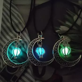Halloween Hollow Moon Necklace Birdcage Luminous Bead Pendant Short Necklace Glowing Pendant Metal Jewelry Collarbone Necklace синий