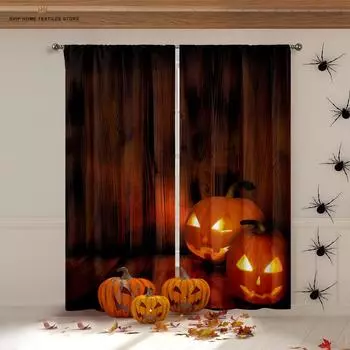 Halloween Horror Pumpkin Cartoon Print Curtains, Blackout, Heat Insulation, Restaurant, Bedroom, Party Decoration W100xH130(CM) folio&Grommet Top