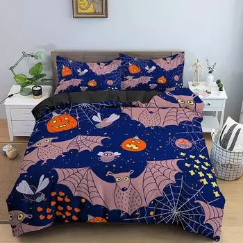 Halloween King Queen Duvet Cover Cartoon Funny Bat Pumpkin Ghost Bedding Set for Kids Boys Horror 2/3pcs Polyester Quilt Cover 70x133cm 2pcs
