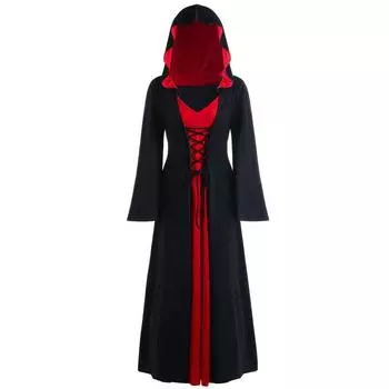 Halloween Lady Witch Hooded Loose Skirt V Neck Long Sleeves Performance Costume Black Red,S