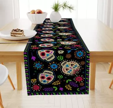 Halloween Linen Table Runner Day of the Dead Holiday Decoration Tablecloth Party Coffee Tablecloth Heat-insulating Non Slip Pad 33x183CM