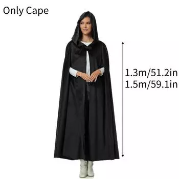 Halloween Long Hooded Cloak Cape Vampire Witch Black Spooky Fancy Unisex Outfit Length 1.3M