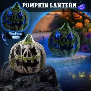 Halloween Luminous Moss-Covered Pumpkin , 8.66 Inch Spooky Glowing - O - For Indoor Outdoor Halloween Decor One Size