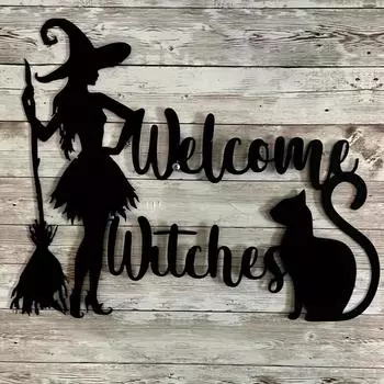 Halloween Metal Wall Art Decor, Witch Cat Broomstick Welcome Sign, Witch Hanging Home Decor, Festive Door Plaque for Holiday чёрный
