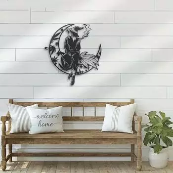 Halloween Moon Metal Wall, Art Witch Weeds Metal Wall Decoration, Indoor Living Room Kitchen Home Decoration Black
