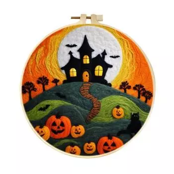 Halloween Needle Felting Kit Beginner Felt Craft Set DIY Felt Painting with Faux Wool Needle Frame Stamped Fabric for Adults Handcraft Lovers X