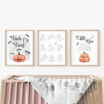 Halloween Nursery Poster Pumpkin Trick or Treat Art Print Cute Little Ghost Boo Canvas Painting Wall Picture Baby Playroom Decor 21x30cm No Framed