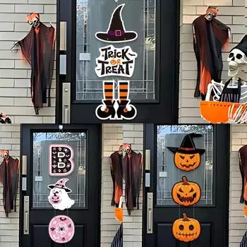 Halloween Paper Hanging Sign Pumpkin Witch Ghost Spooky Front Door Hanger Welcome Sign DIY Halloween Party Decoration 2024