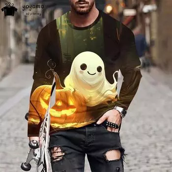 Halloween Print Men s Clothing Men s Long Sleeve T-shirt Fashion T shirt Men Simple T-shirts for Men Halloween Graphic T shirts S