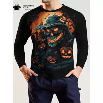 Halloween Print T shirt Men Round Neck Long Sleeve T-shirt Men s Clothing Halloween Graphic T shirts Casual Mens Clothing Tops S