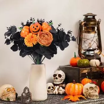 Halloween Pumpkin Artificial Rose Bouquet with Black Eucalyptus Leaf Realistic Fake Flower B