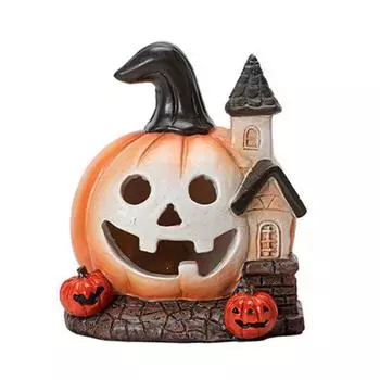 Halloween Pumpkin Figurine Spooky Mini Pumpkin Castle Statue Resin Tabletop Ornament for Halloween Porch Mantel Table Decor S