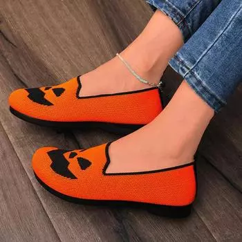 Halloween Pumpkin Round Toe Flat Shoes Women Solid Color Knitted Slip on Shoes Casual Breathable Ballet Flats Ladies Loafers 36 чёрный