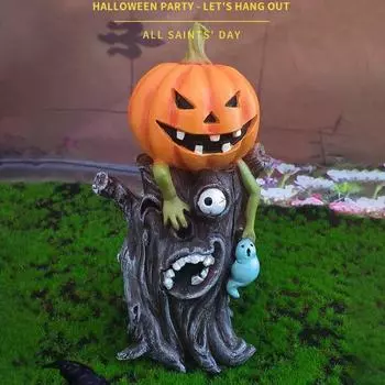 Halloween Pumpkin Stump Ghost Statue Spooky Pumpkin Head Resin Figurine Sculpture Indoor