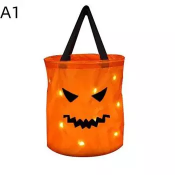 Halloween Pumpkin Tote Bag Led Light Up Handle Reusable Trick Or Treat Candy Bag For Kids Party Decor Gift Present A1