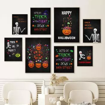 Halloween Signs Black Canvas Prints Trick or Treat Skeleton Skull Poster Wall Art Pictures Decor Painting Halloween Gifts Idea 21x30cm No Framed