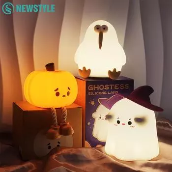 Halloween Silicone Ghost Night Light Rechargeable Pumpkin Nursery Nightlights Beside Touch Lamp for Kids Room Halloween Decor
