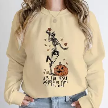 Halloween Skeleton & Pumpkin Print Sweatshirts Casual Long Sleeve Crew Neck Sweatshirt Women s Clothing S