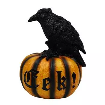 Halloween Skeleton Pumpkin Statue Spooky Pumpkin with Skull/Crow Sculpture Halloween Indoor Resin Ornament for Home Office Desk Decor B