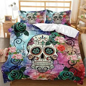 Halloween Skull Duvet Cover Set Queen Size Black Gothic Skeleton Paisley Floral Bedding Set Polyester Comforter Cover EU Single 135x200cm