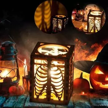 Хэллоуин Череп Ребра Тени Лампа Деревянный Скелет Полый Узор Проекционный Свет Ужасное Украшение для Дома