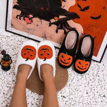 Halloween Slippers Home Cute Cartoon Pumpkin Cotton Slippers Men and Women Couples Winter Warm Flat Cotton Slippers 38 чёрный