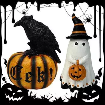 Halloween Spooky Pumpkin Crow Decor Resin Raven Pumpkin Ornament Horror Pumpkin Shape Resin Statue Halloween Desktop Ornaments