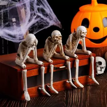Halloween Statues Resin See Speak Hear No Evil Skeleton Figurines Resin Realistic Skull Decor for Bookshelf Table Edge