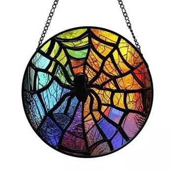 Halloween Suncatcher Decoration Spider Pumpkin Bat Witch Broom Ghost Stained Glass 2D Flat Acrylic Wall Window Hanging Sign Ornament A