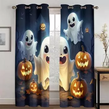Halloween Super Cute Ghost Cartoon Curtains 2 Panel Kids Room Living Room Bedroom Holiday Window Decor Curtains 50W130H(CM)X2PCS&Grommet Top