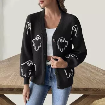 Halloween Sweater Jacket Women s Loose Casual Button Sweater Cartoon Cardigan L чёрный