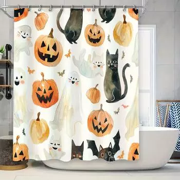 Halloween-themed shower curtain with pumpkin cat bat print for Halloween decoration in bathroom accessories from Home Garden on 90x180cm