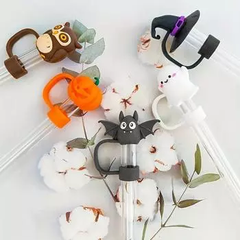 Halloween themed silicone straw cap - reusable, dust cover suitable for 10mm straw, ghost, bat, pumpkin, and wizard hat patterns тыква