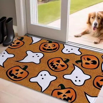 Halloween Welcome Mat Super Soft, Anti Slip, Absorbent, Cute Ghost Design Suitable for Bathrooms and Living Rooms оранжевый