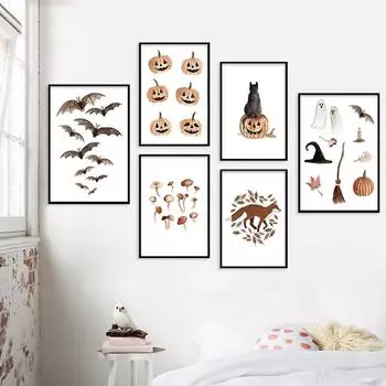 Хэллоуин Шляпа Ведьмы Настенное Искусство Тыква Метла Кленовый Лист Котенок Картина Холст Жуткая Летучая Мышь Свеча Плакат Гостиная Домашний Декор 21x30cm No Framed