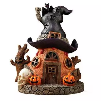 Halloween Witch House Statue with LED Light Magical House Resin Figurine Sculpture Home Office Desktop Decoration Ornament A