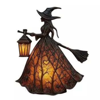 Halloween Witch Lamp Handcrafted Gothic Small Stained Glass Witch Figurine with Warm Light Desktop Standing Night Light for Home Shelf Mantel Decor A