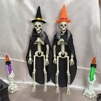 Украшение в виде скелета ведьмы на Хэллоуин, подвижная костяная статуя в полный рост, пластиковый скелет человека с черным плащом для декора газона во дворе оранжевый