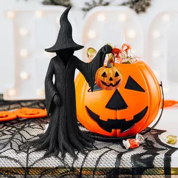 Halloween Witch Statue Carrying Pumpkin Bedroom Figure Gothic Resin Figurine
