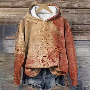 Halloween Women Blood Printing Sweatshirts Long Sleeve Casual Hoodies Drawstring Oversized Hooded Pullover Moletom Femininos S