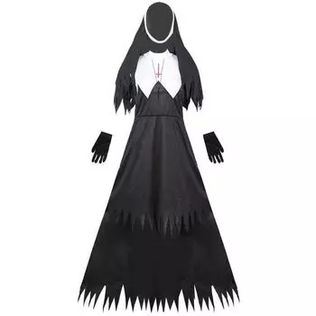 Halloween Women Nun Costume Suit Cosplay Costumes Vampire Demon Costume Cross Print Long Dress Party Costume With Hat Gloves S чёрный