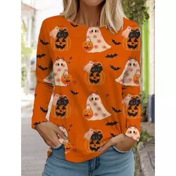 Halloween Women s Long Sleeve Cute Pumpkin Head 3D Pattern T Shirt Autumn Fashion 2024 Women s Top Harajuku Pullover Clothing S